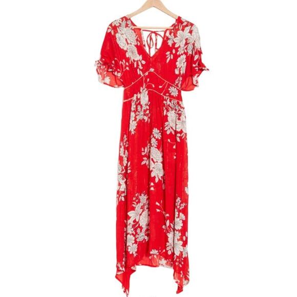 Raga Dress Rohit floral sharkbite hem midi red Small S - Picture 1 of 5